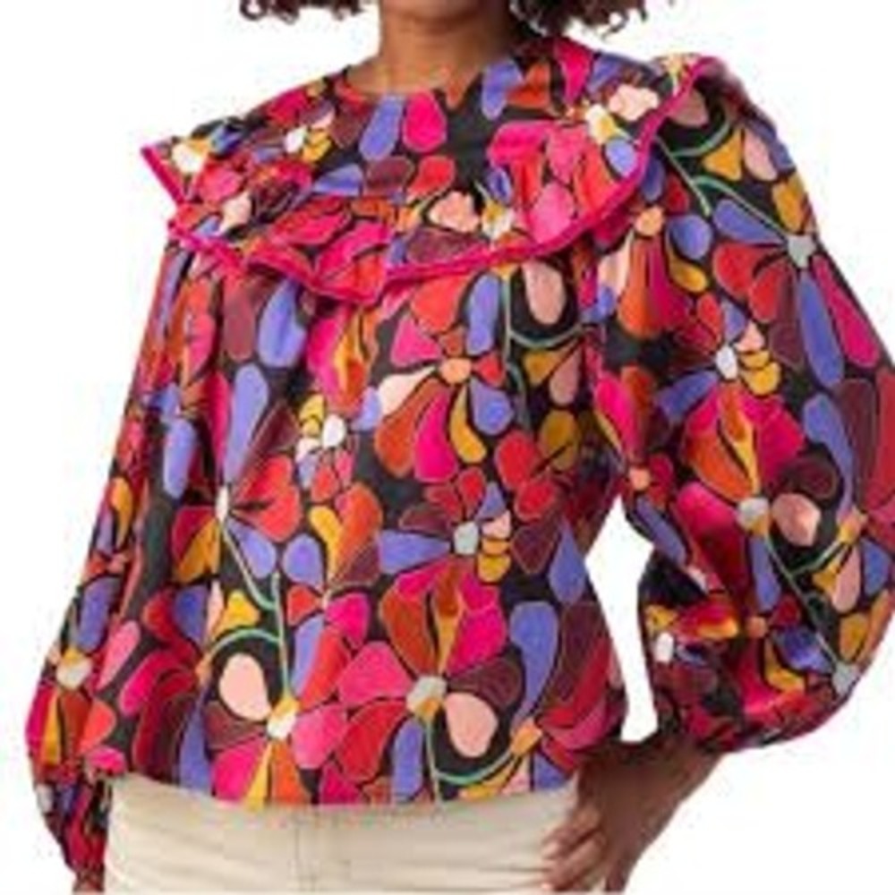 Crosby by Mollie Burch Floral Ruffle Yoke Blouse Pink Purple Multi Size‎ S